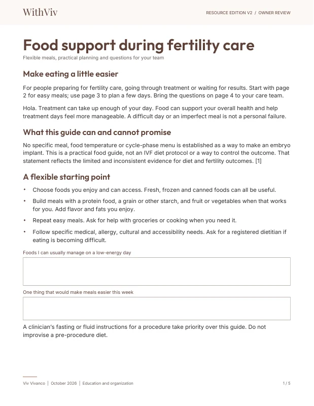 First page of Food support during fertility care. English edition.